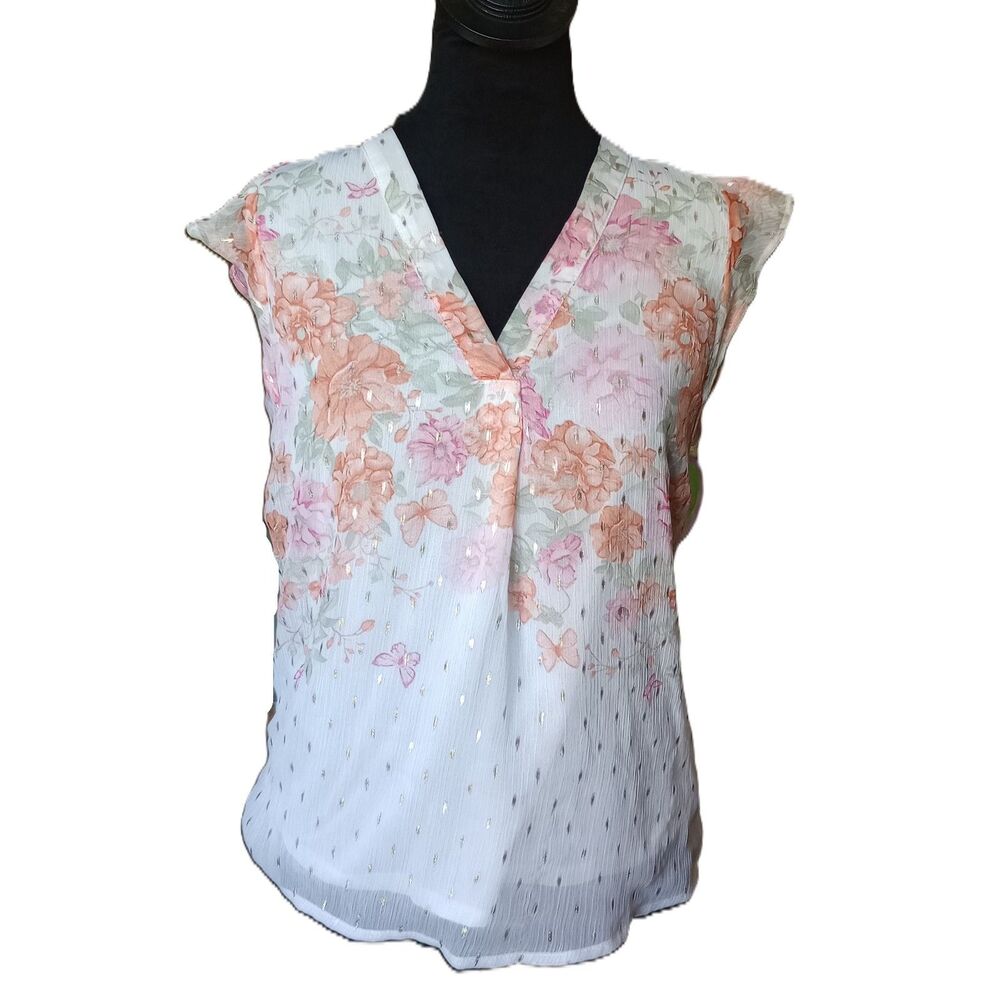 Haver & Blair London Women's S White Floral Short Ruffle Sleeve Blouse